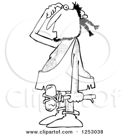 Clipart of a Black and White Thinking Caveman Carrying a Hammer - Royalty Free Vector Illustration by djart