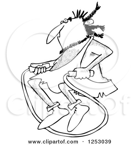 Clipart of a Black and White Caveman Exercising with a Jump Rope - Royalty Free Vector Illustration by djart