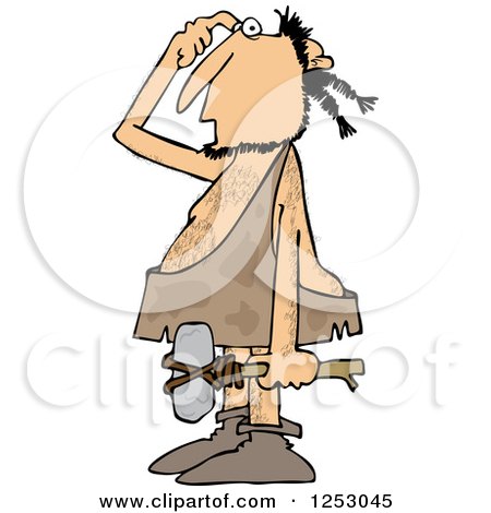 Clipart of a Thinking Caveman Carrying a Hammer - Royalty Free Vector Illustration by djart