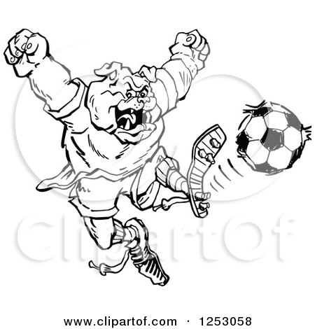 Clipart of a Sketched Black and White Bulldog Kicking a Soccer Ball - Royalty Free Vector Illustration by Johnny Sajem