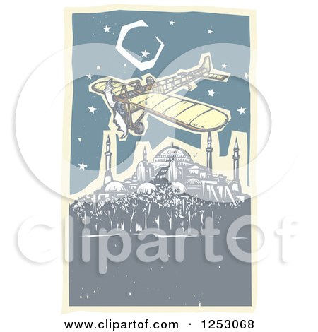 Clipart of a Plane Flying over the Hagia Sophia at Night in Istanbul Turkey - Royalty Free Vector Illustration by xunantunich