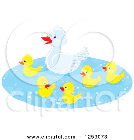 Clipart of a White Mother Duck and Yellow Babies Swimming - Royalty Free Vector Illustration by Alex Bannykh