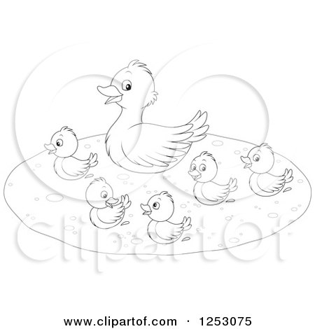 Clipart of a Black and White Mother Duck and Babies Swimming - Royalty Free Vector Illustration by Alex Bannykh