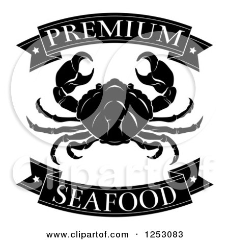 Clipart of Black and White Premium Seafood Food Banners and Crab - Royalty Free Vector Illustration by AtStockIllustration