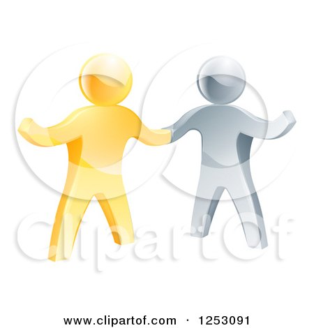 Clipart of a Handshake Between 3d Gold and Silver Men, with One Guy Gesturing - Royalty Free Vector Illustration by AtStockIllustration