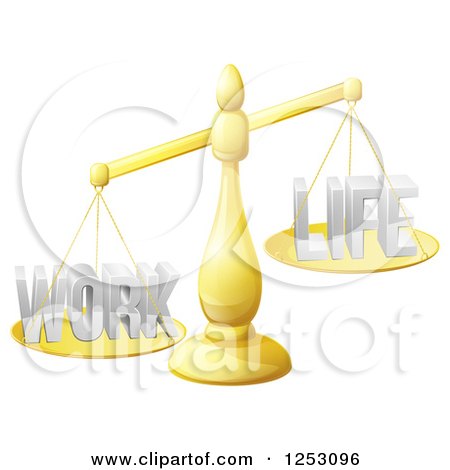 Clipart of 3d Imbalanced Gold Scales with Work and Life Equally - Royalty Free Vector Illustration by AtStockIllustration