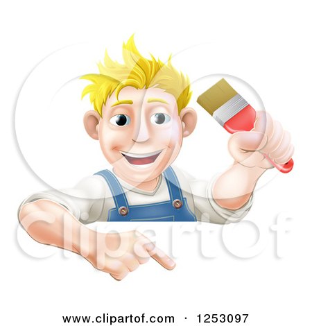 Clipart of a Happy Blond Male Caucasian Painter Holding a Paintbrush and Pointing down at a Sign - Royalty Free Vector Illustration by AtStockIllustration