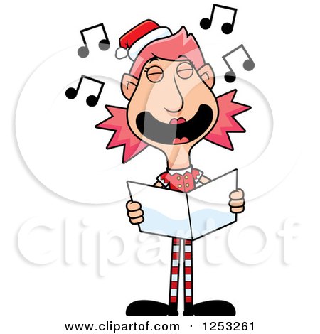 Clipart of a Happy Woman Christmas Elf Singing Carols - Royalty Free Vector Illustration by Cory Thoman