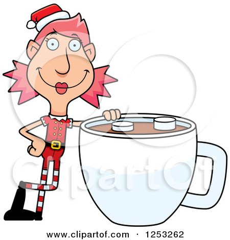 Clipart of a Happy Woman Christmas Elf with a Giant Cup of Hot Chocolate - Royalty Free Vector Illustration by Cory Thoman