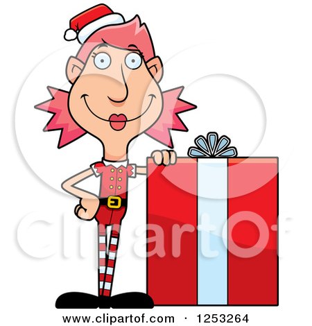 Clipart of a Happy Woman Christmas Elf with a Big Gift - Royalty Free Vector Illustration by Cory Thoman