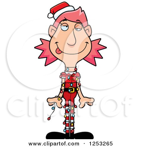 Clipart of a Woman Christmas Elf Tangled in Lights - Royalty Free Vector Illustration by Cory Thoman