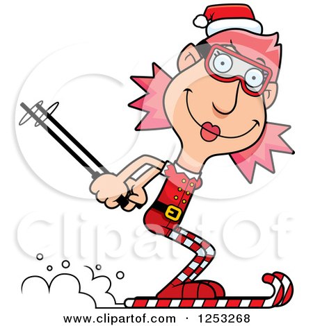 Clipart of a Happy Woman Christmas Elf Skiing - Royalty Free Vector Illustration by Cory Thoman