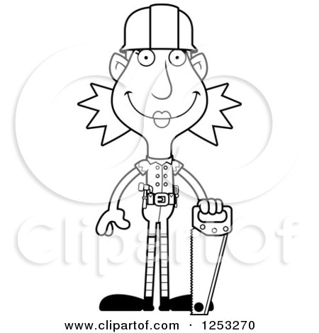 Clipart of a Black and White Happy Woman Christmas Elf Builder with Tools - Royalty Free Vector Illustration by Cory Thoman
