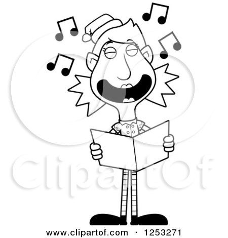 Clipart of a Black and White Happy Woman Christmas Elf Singing Carols - Royalty Free Vector Illustration by Cory Thoman