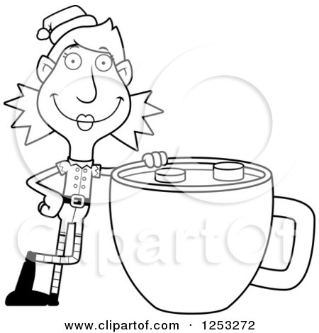 Clipart of a Black and White Happy Woman Christmas Elf with a Giant Cup of Hot Chocolate - Royalty Free Vector Illustration by Cory Thoman