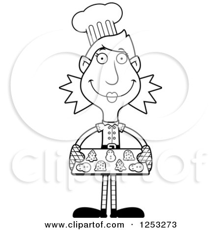 Clipart of a Black and White Happy Woman Christmas Elf Baking Cookies - Royalty Free Vector Illustration by Cory Thoman