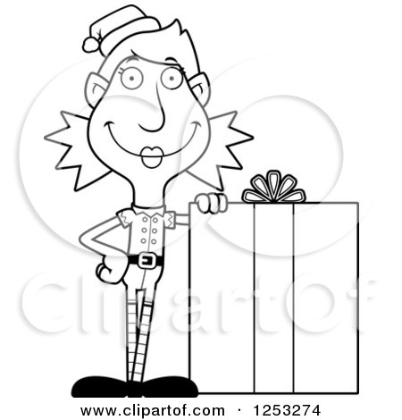 Clipart of a Black and White Happy Woman Christmas Elf with a Big Gift - Royalty Free Vector Illustration by Cory Thoman