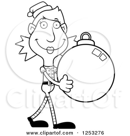 Clipart of a Black and White Happy Woman Christmas Elf Carying a Bauble Ornament - Royalty Free Vector Illustration by Cory Thoman
