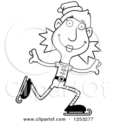 Clipart of a Black and White Happy Woman Christmas Elf Ice Skating - Royalty Free Vector Illustration by Cory Thoman