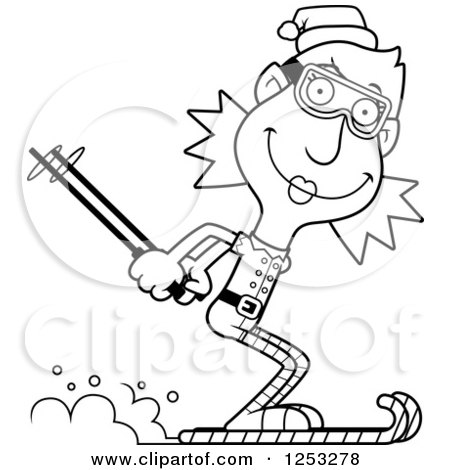 Clipart of a Black and White Happy Woman Christmas Elf Skiing - Royalty Free Vector Illustration by Cory Thoman