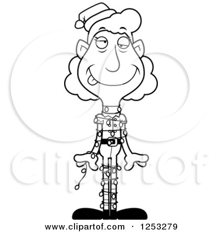 Clipart of a Black and White Grandma Christmas Elf Tangled in Lights - Royalty Free Vector Illustration by Cory Thoman