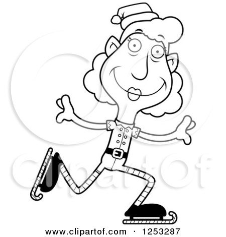 Clipart of a Black and White Happy Grandma Christmas Elf Ice Skating - Royalty Free Vector Illustration by Cory Thoman