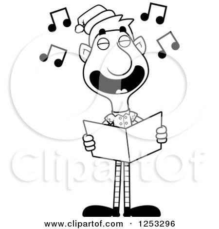Clipart of a Black and White Happy Man Christmas Elf Singing Carols - Royalty Free Vector Illustration by Cory Thoman