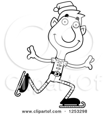 Clipart of a Black and White Happy Man Christmas Elf Ice Skating - Royalty Free Vector Illustration by Cory Thoman