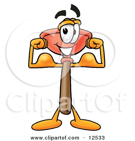 Clipart Picture of a Sink Plunger Mascot Cartoon Character Flexing His Arm Muscles by Mascot Junction