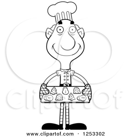 Clipart of a Black and White Happy Grandpa Christmas Elf Baking Cookies - Royalty Free Vector Illustration by Cory Thoman
