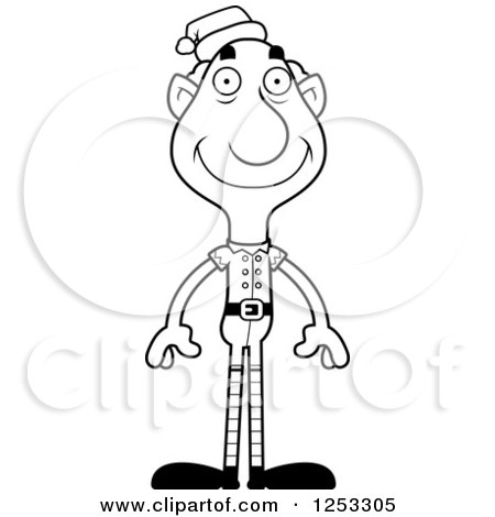 Clipart of a Black and White Happy Grandpa Christmas Elf - Royalty Free Vector Illustration by Cory Thoman