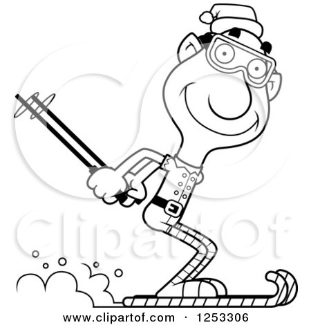 Clipart of a Black and White Happy Grandpa Christmas Elf Skiing - Royalty Free Vector Illustration by Cory Thoman