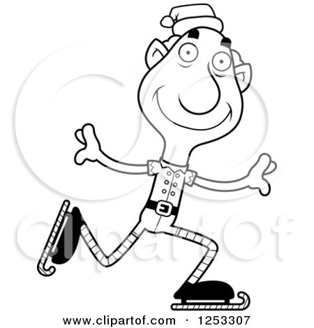 Clipart of a Black and White Happy Grandpa Christmas Elf Ice Skating - Royalty Free Vector Illustration by Cory Thoman