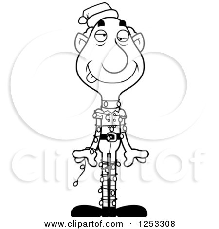 Clipart of a Black and White Happy Grandpa Christmas Elf Tangled in Lights - Royalty Free Vector Illustration by Cory Thoman