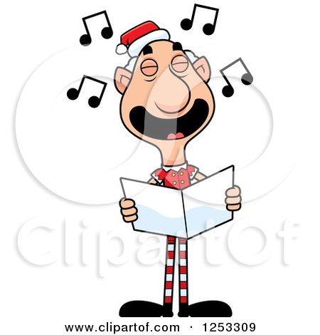 Clipart of a Happy Grandpa Christmas Elf Singing Carols - Royalty Free Vector Illustration by Cory Thoman
