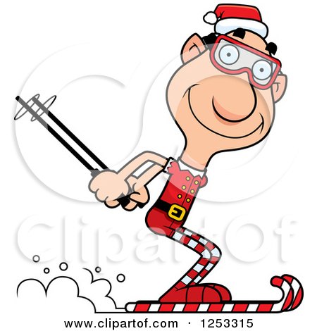 Clipart of a Happy Grandpa Christmas Elf Skiing - Royalty Free Vector Illustration by Cory Thoman
