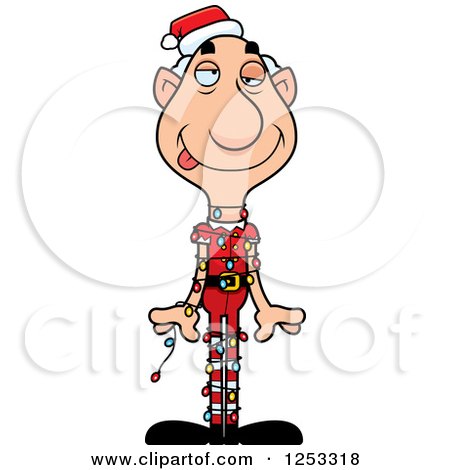 Clipart of a Happy Grandpa Christmas Elf Tangled in Lights - Royalty Free Vector Illustration by Cory Thoman