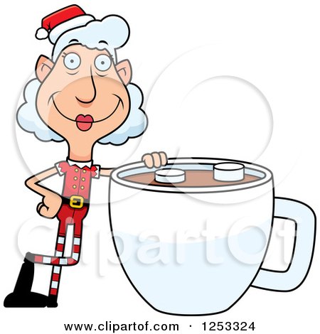Clipart of a Happy Grandma Christmas Elf with a Giant Cup of Hot Chocolate - Royalty Free Vector Illustration by Cory Thoman
