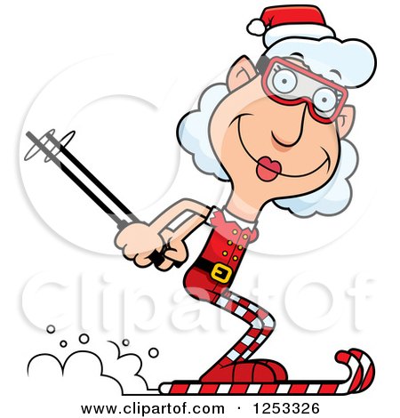 Clipart of a Happy Grandma Christmas Elf Skiing - Royalty Free Vector Illustration by Cory Thoman