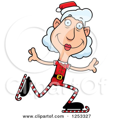 Clipart of a Happy Grandma Christmas Elf Ice Skating - Royalty Free Vector Illustration by Cory Thoman