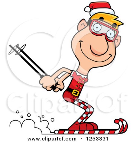Clipart of a Happy Man Christmas Elf Skiing - Royalty Free Vector Illustration by Cory Thoman
