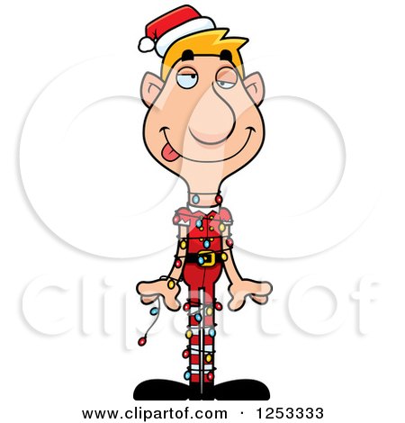 Clipart of a Man Christmas Elf Tangled in Lights - Royalty Free Vector Illustration by Cory Thoman
