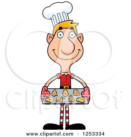 Clipart of a Happy Man Christmas Elf Baking Cookies - Royalty Free Vector Illustration by Cory Thoman