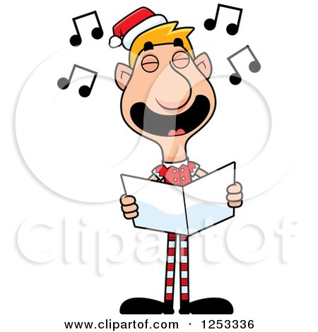Clipart of a Happy Man Christmas Elf Singing Carols - Royalty Free Vector Illustration by Cory Thoman