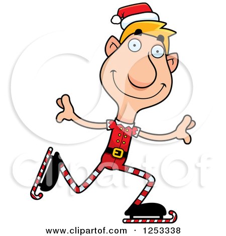 Clipart of a Happy Man Christmas Elf Ice Skating - Royalty Free Vector Illustration by Cory Thoman