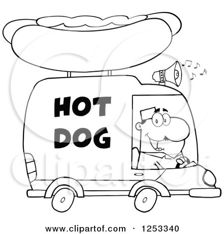 Clipart of a Black and White Man Driving a Hot Dog Food Vendor Truck - Royalty Free Vector Illustration by Hit Toon