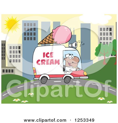 Clipart of a Black Man Driving an Ice Cream Food Vendor Truck in a City - Royalty Free Vector Illustration by Hit Toon