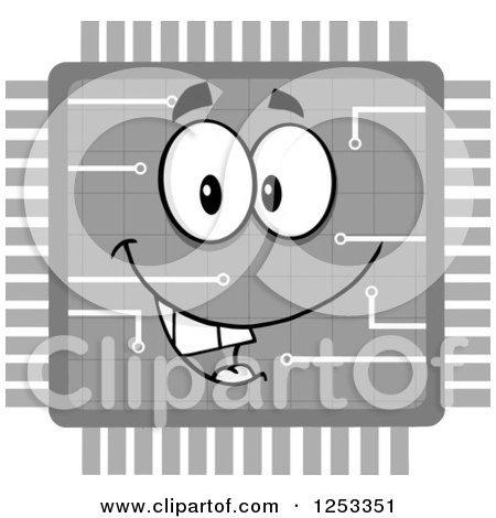 Clipart of a Happy Grayscale Microchip Character - Royalty Free Vector Illustration by Hit Toon