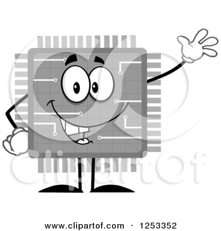 Clipart of a Happy Grayscale Microchip Character Waving - Royalty Free Vector Illustration by Hit Toon