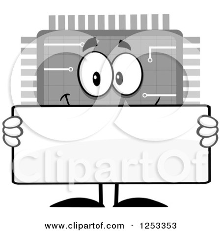 Clipart of a Happy Grayscale Microchip Character Holding a Blank Sign - Royalty Free Vector Illustration by Hit Toon